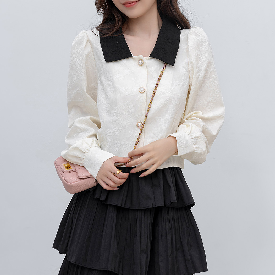 ブラウス レディース 長袖 パフスリーブ 襟 付き ショート丈 丈短め