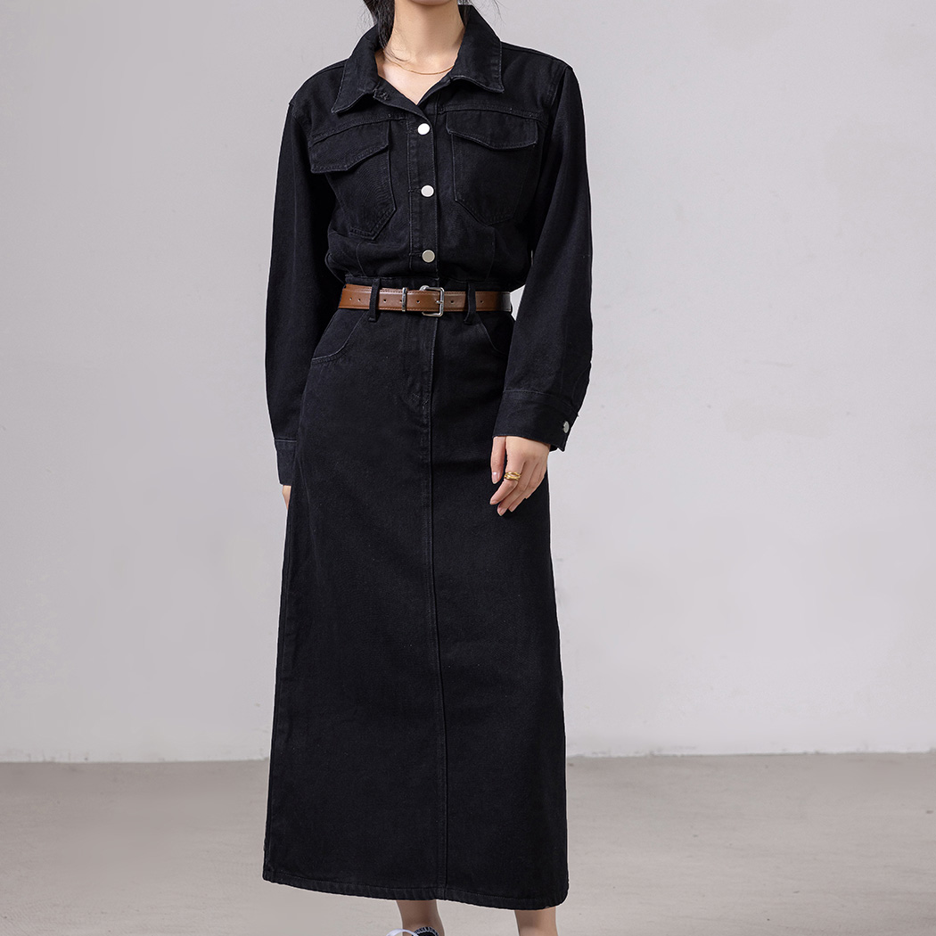 デニムワンピース 長袖 レディース ロング シャツワンピ フレア A