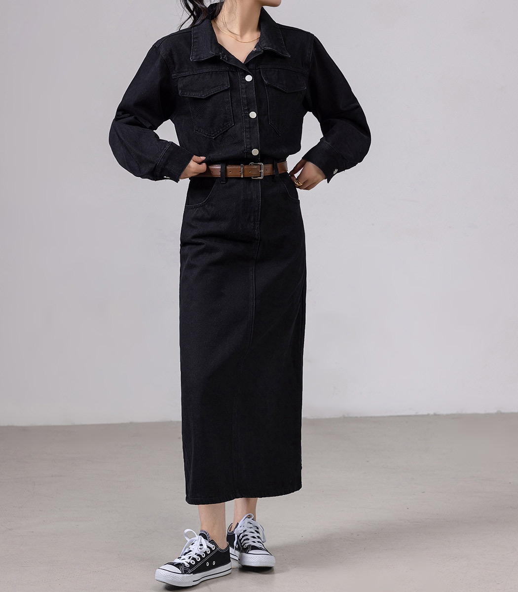 45R デニムシャツロングワンピース　長袖　フレア　Aライン　インディゴ 45R デニムシャツロングワンピース 長袖 フレア Aライン インディゴ