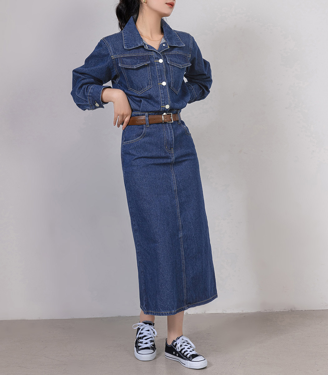 デニムワンピース 長袖 レディース ロング シャツワンピ フレア A