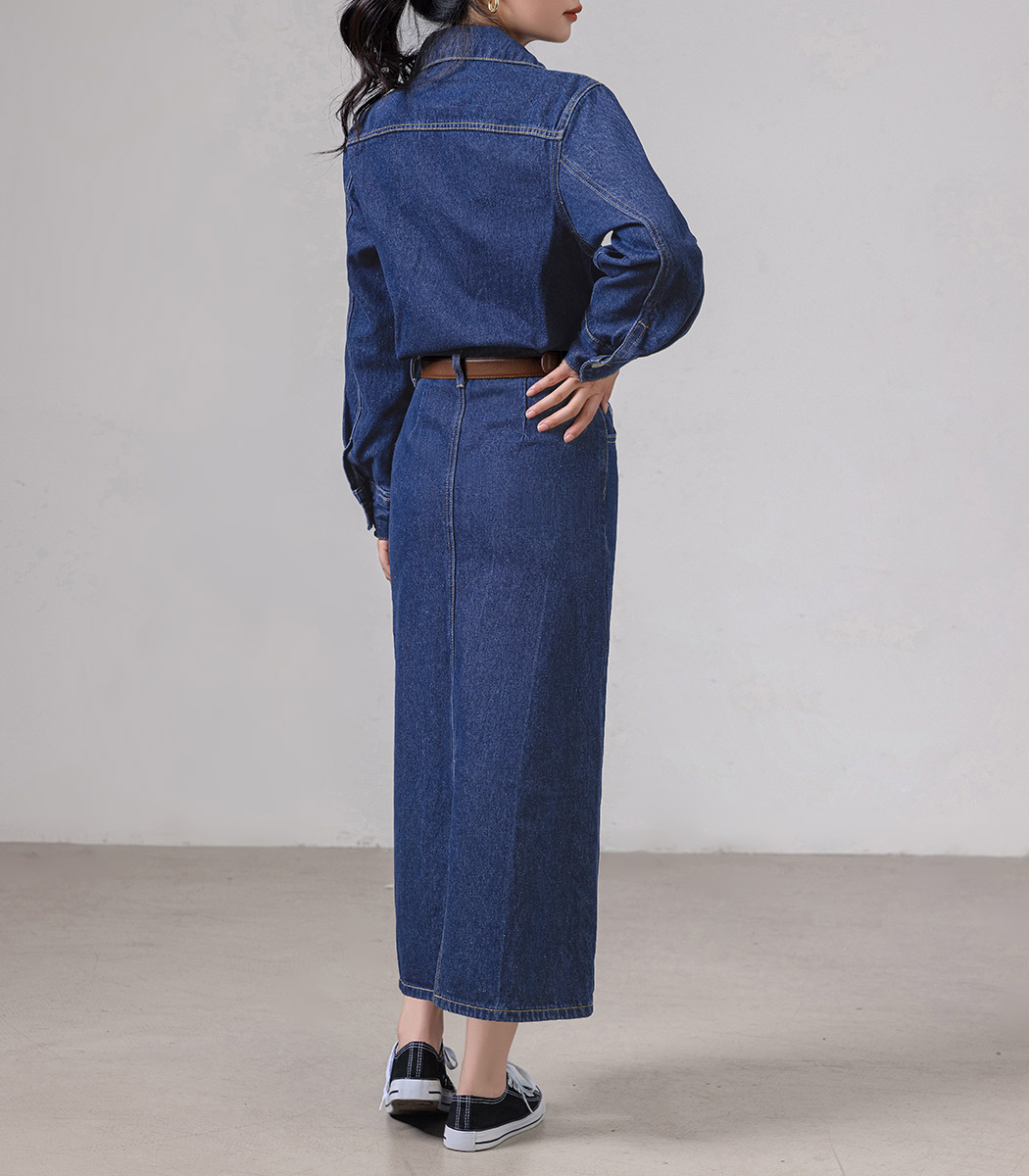 デニムワンピース 長袖 レディース ロング シャツワンピ フレア A