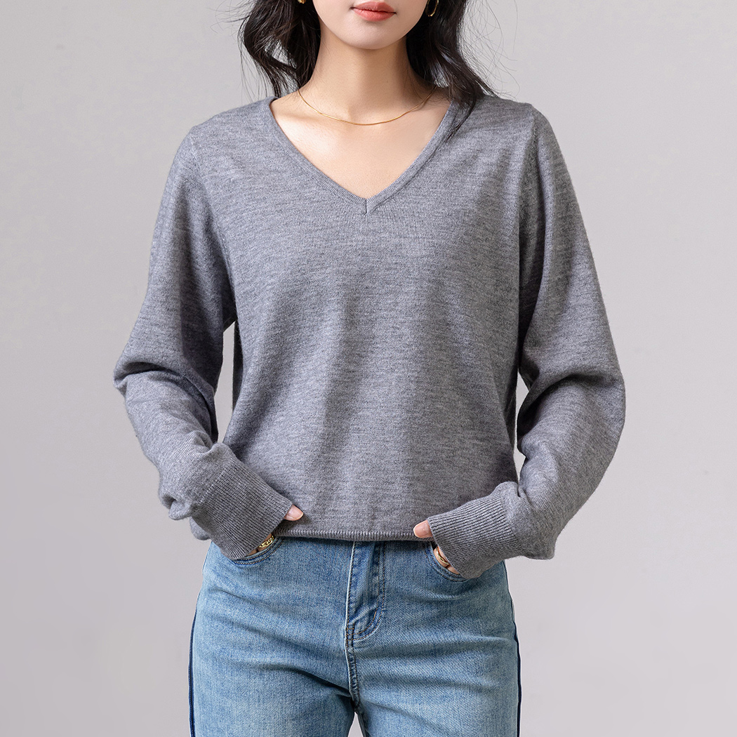 グレー Vネックニット 長袖 AOYAMA 【洋服の青山】洗える 毛玉になりにくい ニット 長袖