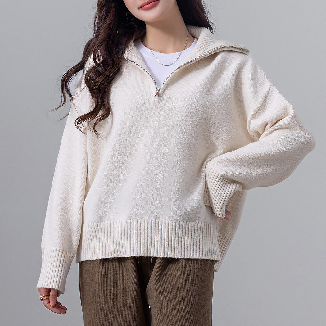 ハーフジップ ニット セーター トップス レディース 長袖 プルオーバー