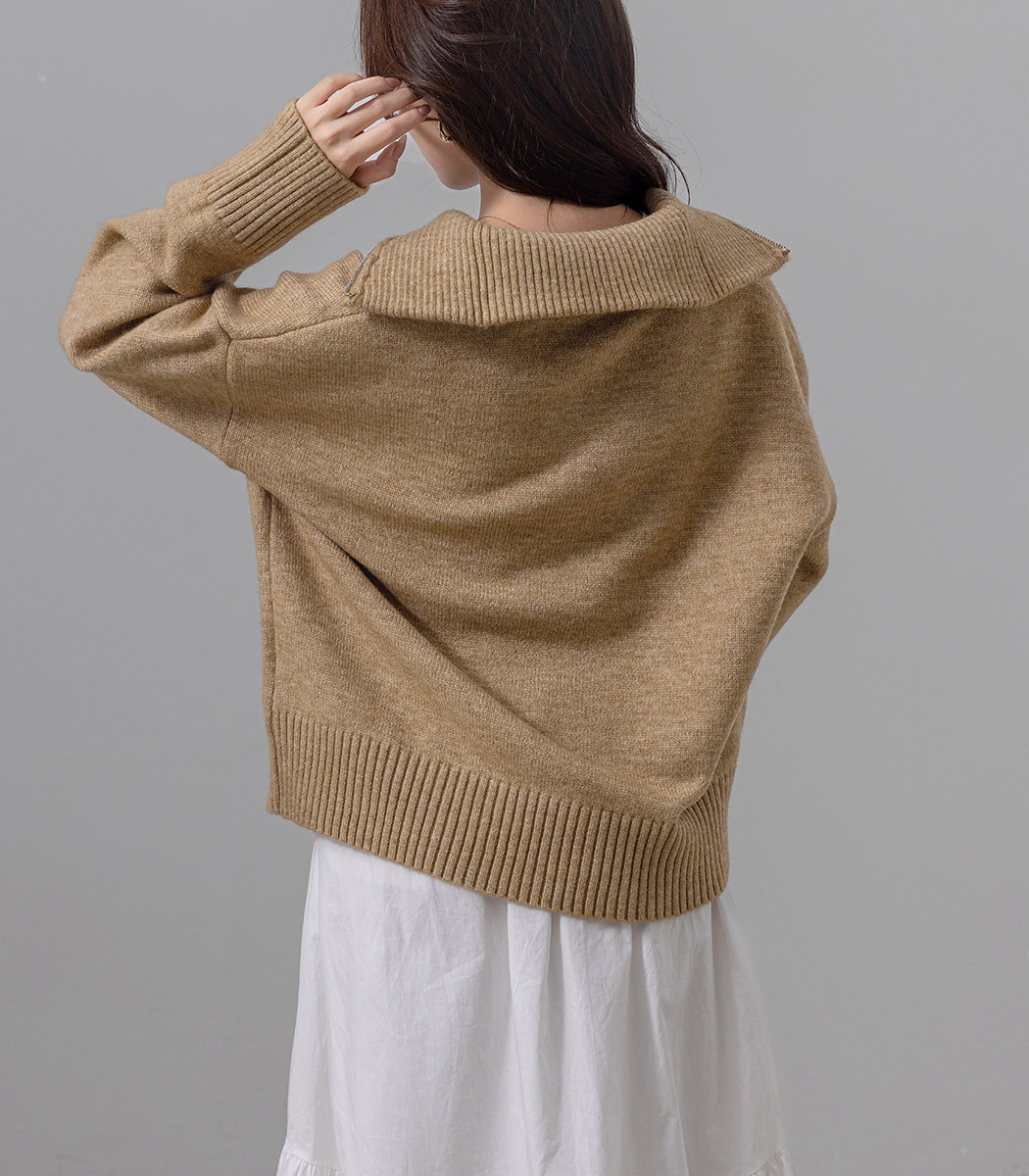 【ベージュ3】ロゴ×ボーダー ハーフジップ スタンドネック ニット プルオーバー (WOMENS) ハーフジップ ニット セーター トップス レディース 長袖 プルオーバー