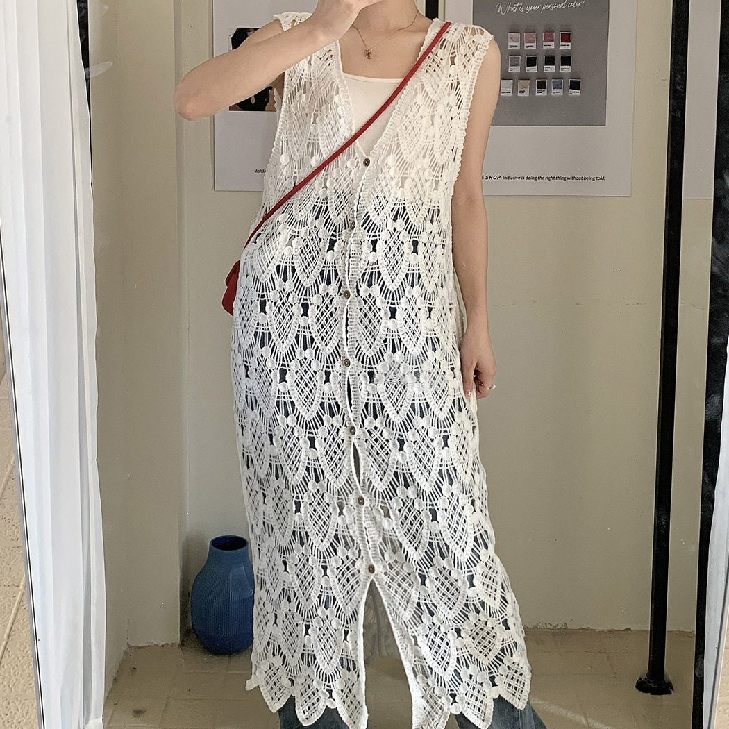 ジレ クロシェ編み ロング丈 Vネック ベスト レディース