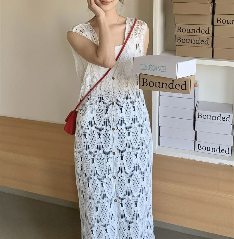 ベスト ジレ カラフルクロシェ風ベスト レディース ジレ クロシェ編み ロング丈 Vネック ベスト レディース