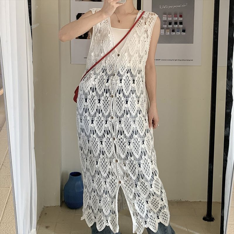 ジレ クロシェ編み ロング丈 Vネック ベスト レディース