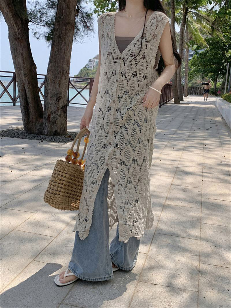 みぃ様 黒 クロシェ編み ニット、黒ジレ ジレ クロシェ編み ロング丈 Vネック ベスト レディース トップス