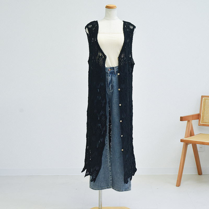 ジレ クロシェ編み ロング丈 Vネック ベスト レディース トップス