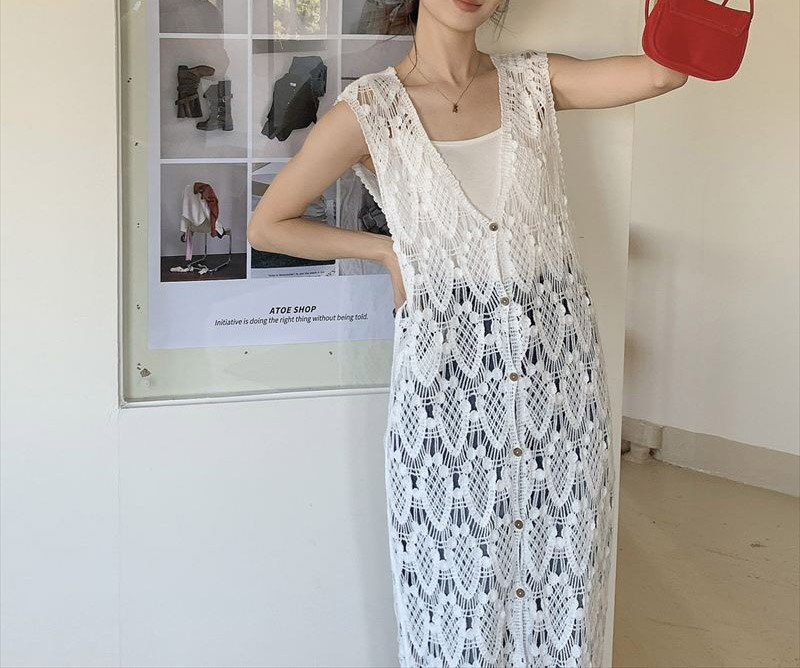美品★ミッソーニ 最高級 ノースリーブ ロングベスト ジレ サマーニット 44 ジレ クロシェ編み ロング丈 Vネック ベスト レディース トップス