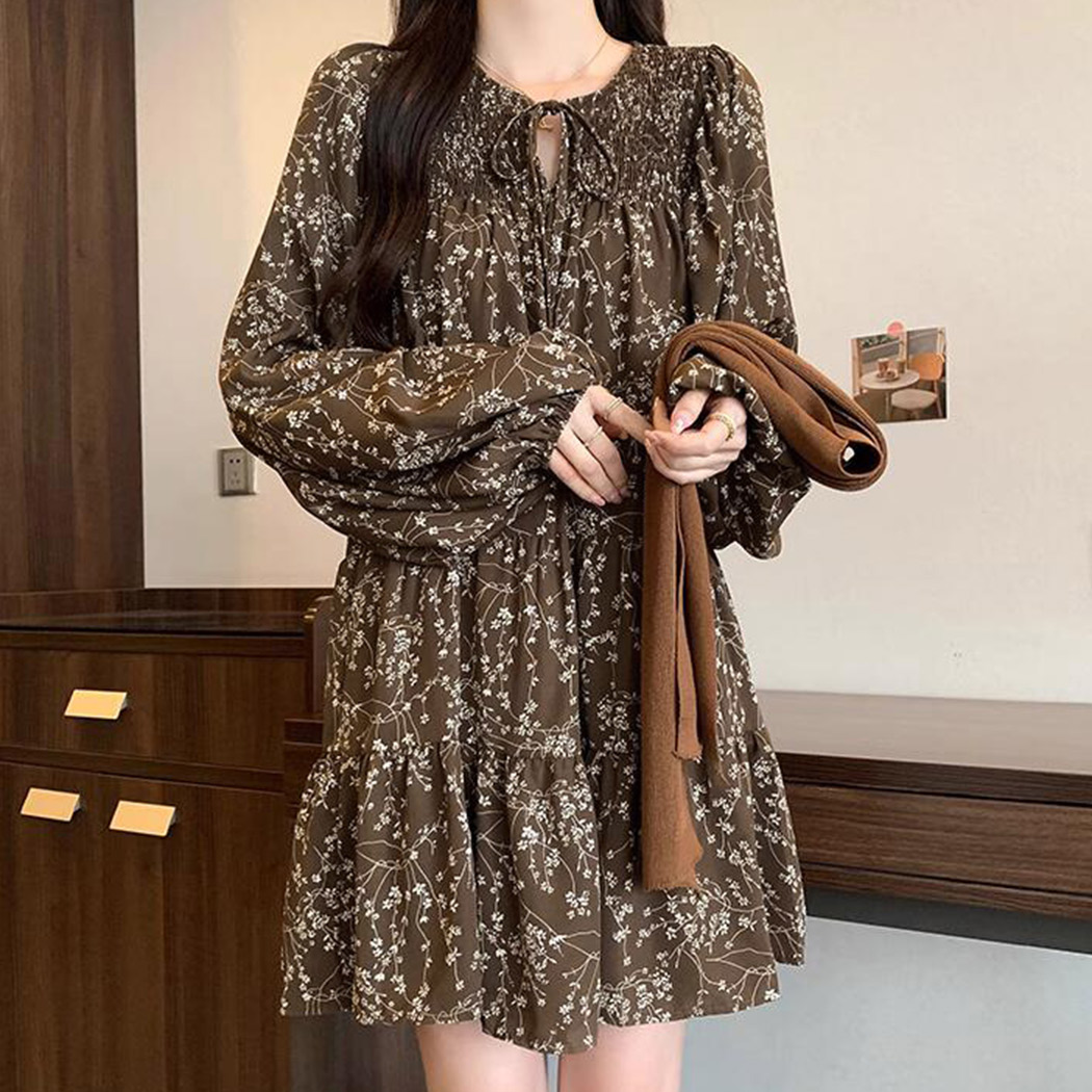 ティアードワンピース 長袖 ミニ きれいめ レディース 小花柄 A