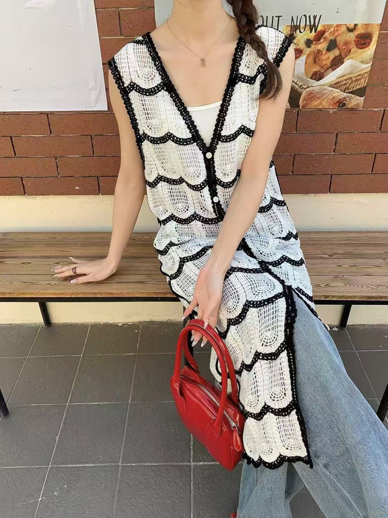 ジレ クロシェ編み ロング丈 Vネック トップス レディース