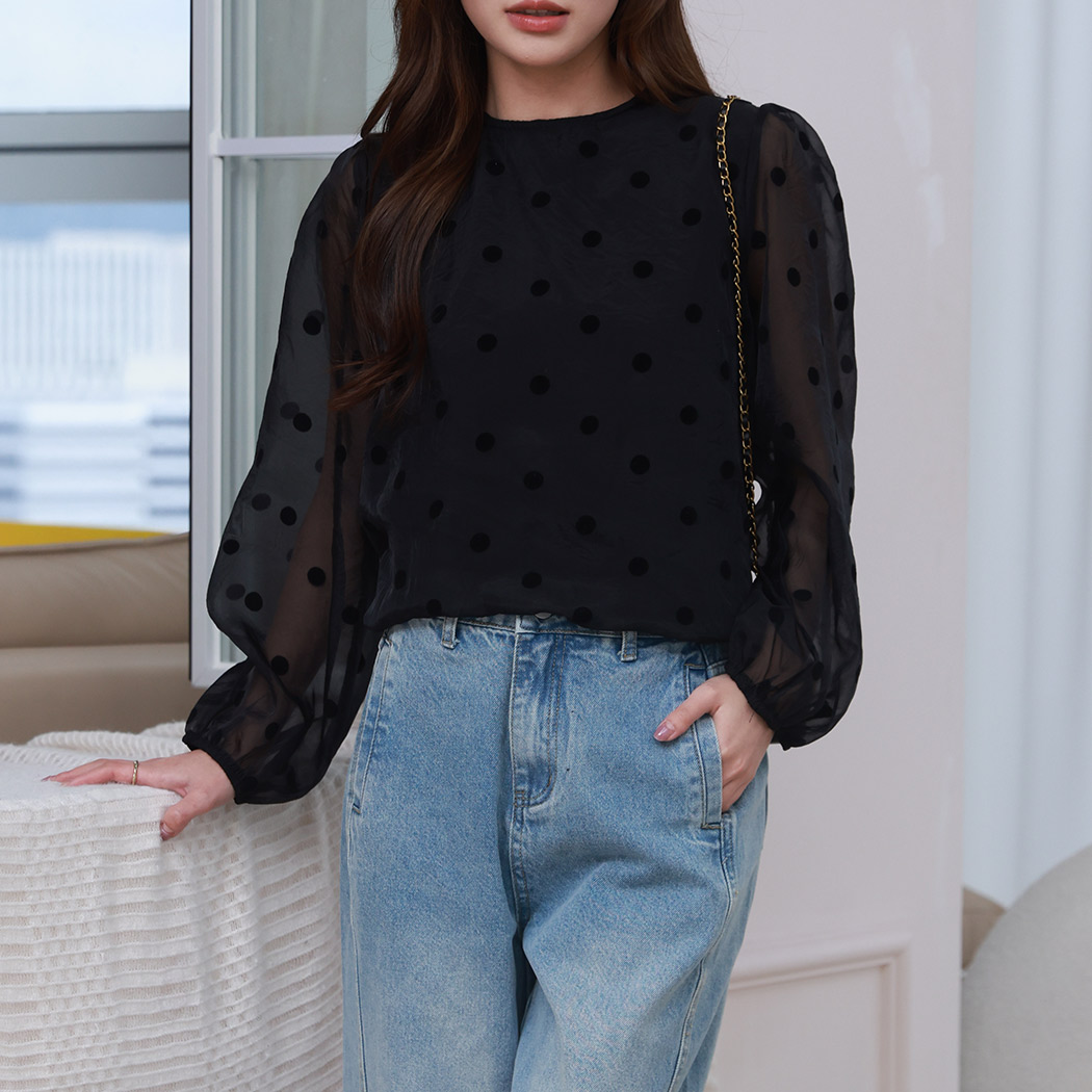 ブラウス 長袖 レディース ス シフォン メッシュ 水玉柄 フリル 黒 大きいサイズあり 透け感 綺麗 おしゃれ 可愛い お出かけ 通学 通勤 シフォン ブラウス ドット柄 シンプル シースルー レディース
