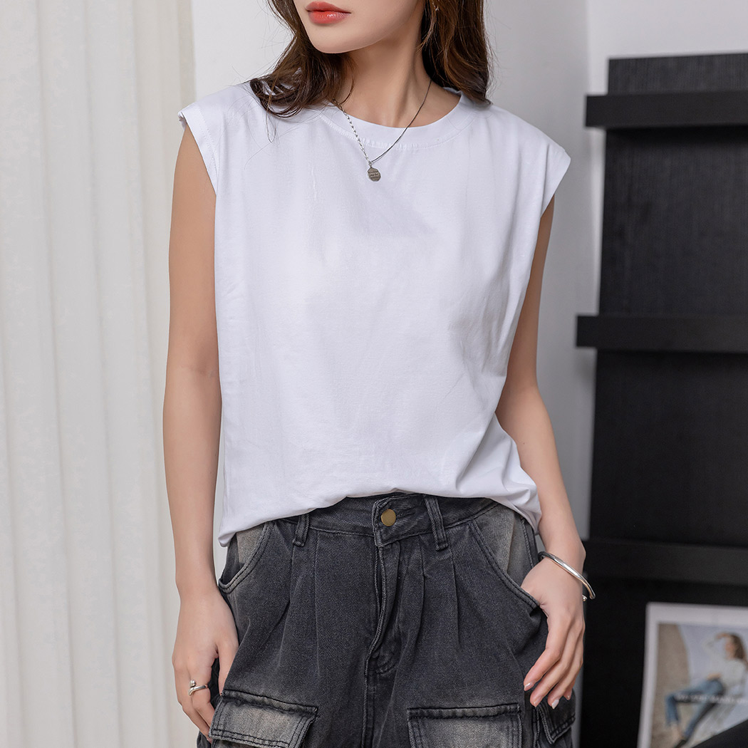エルメス カットソー ノースリーブ Vネック コットン 42 ホワイト HERMES エルメス Vネック Tシャツ ポケット付 刺繍 #34 白(ホワイト