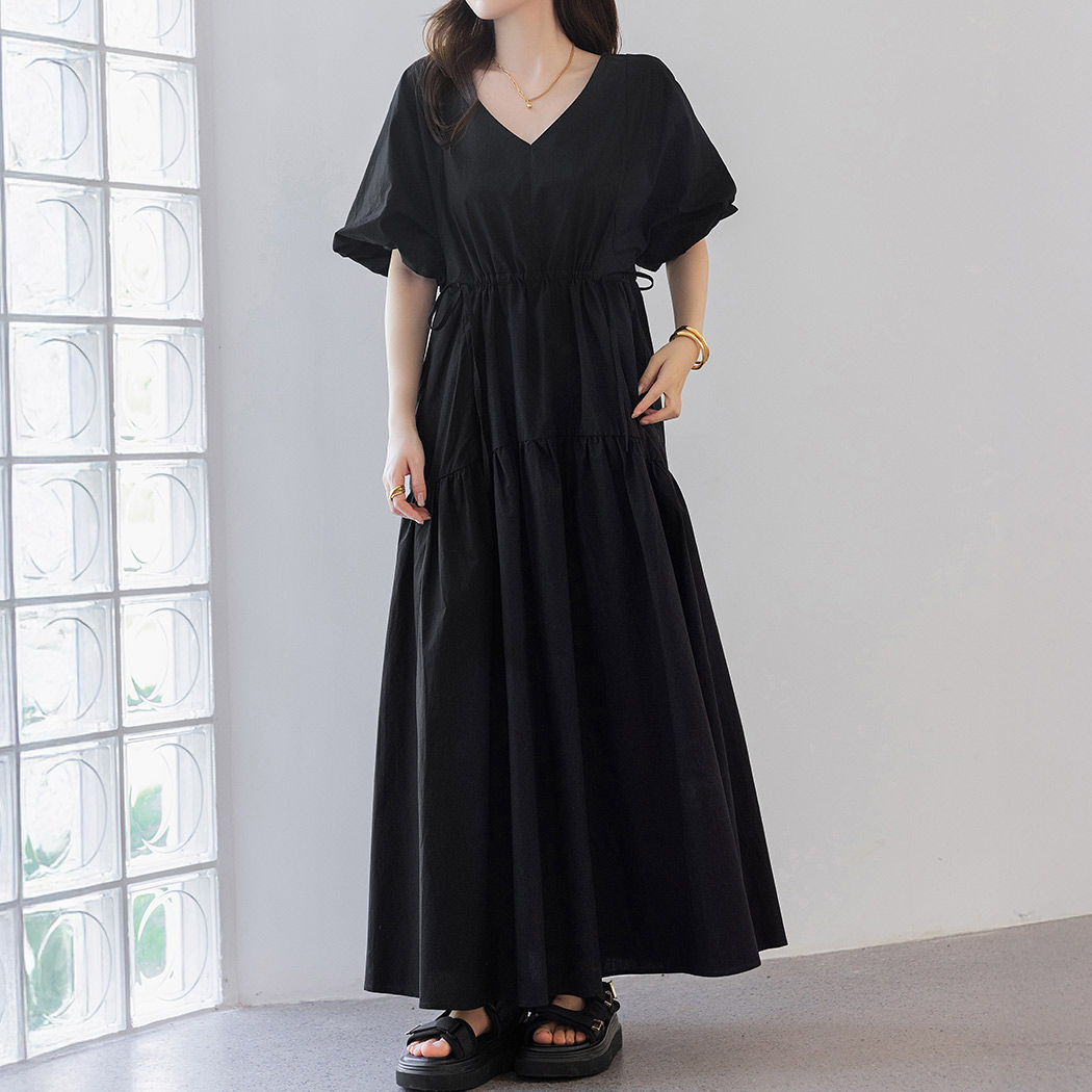 ワンピース フレア 半袖 レディース ゆったり ティアード パフスリーブ