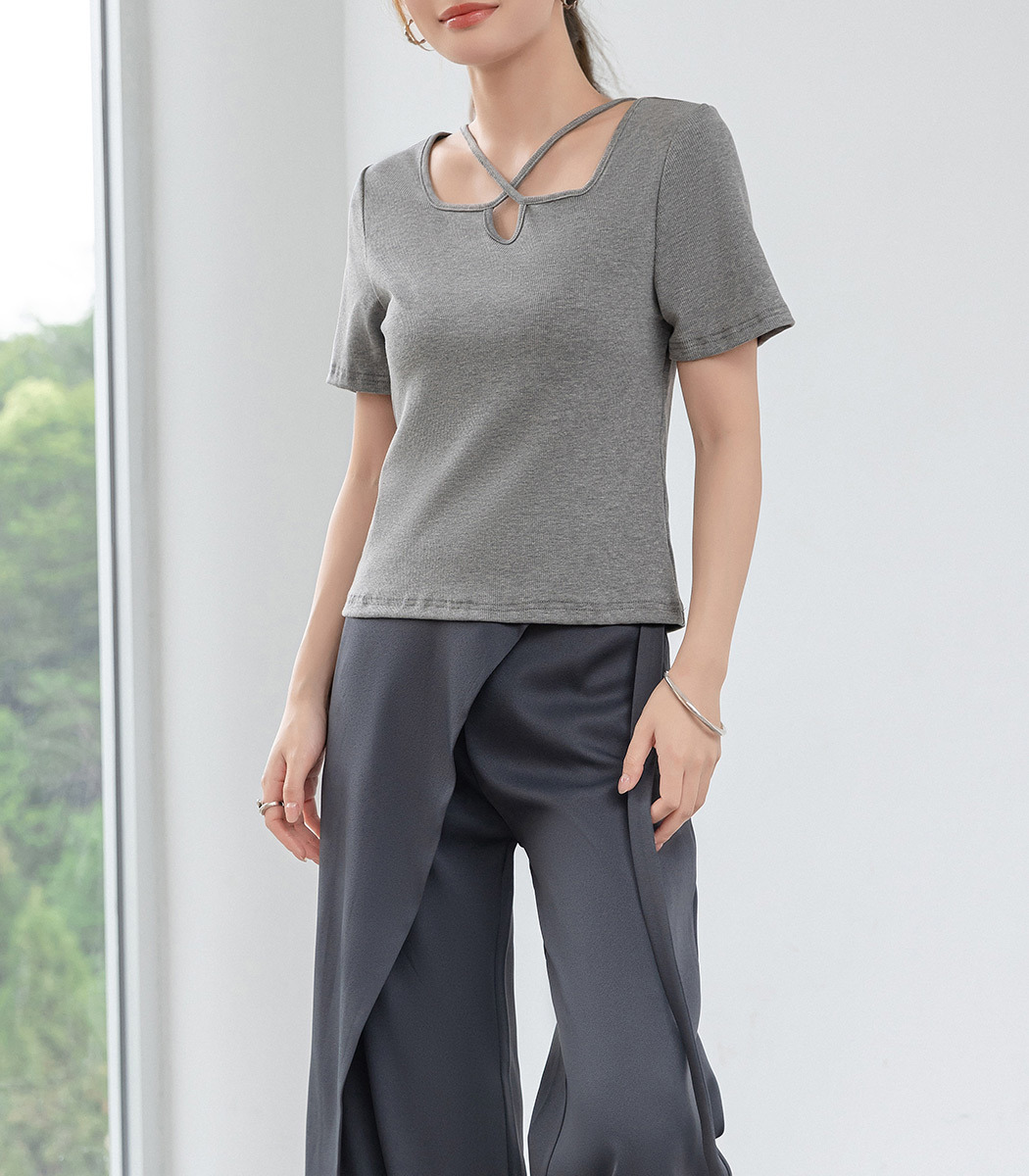 23区 新品 未使用 半袖 カットソー トップス グレー Tシャツ リブ トップス レディース きれいめ カットソー 半袖 クロス