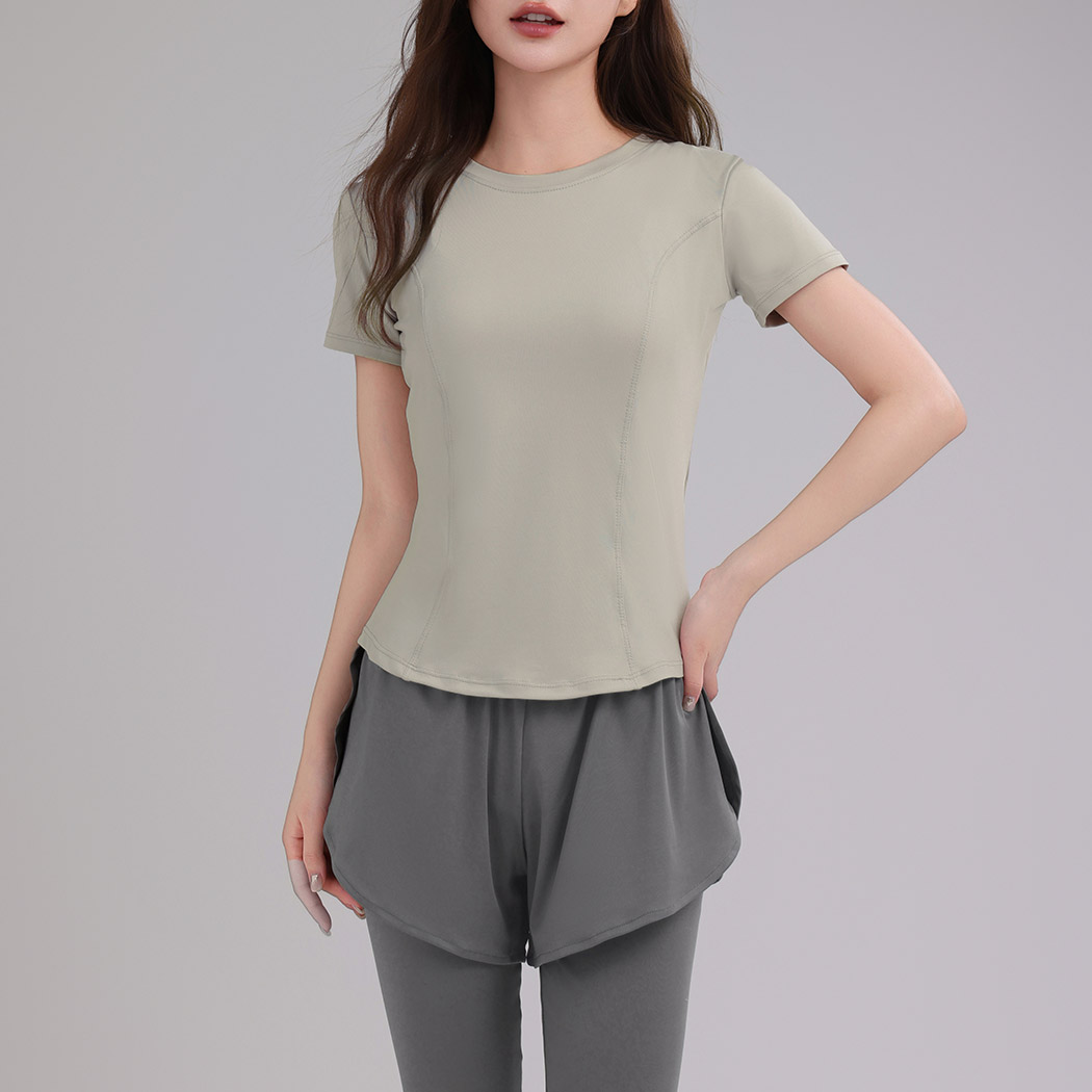  ヨガウェア タンクトップとレギンスセット カーキ/グレー HYS SHOP ヨガウェア 3点セット セットアップ レディース 半袖 Tシャツ