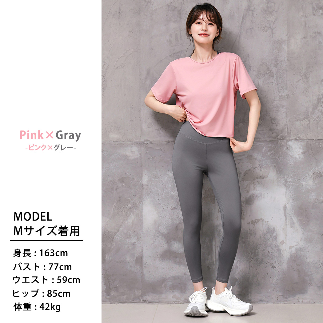 CRONOS ヨガウェアセット Tシャツとレギンス グレー HYS SHOP ヨガウェア セットアップ レディース 半袖 トップス ブラ