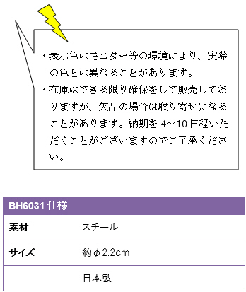 BH6031仕様、素材スチール、サイズ約φ2.2cm、日本製