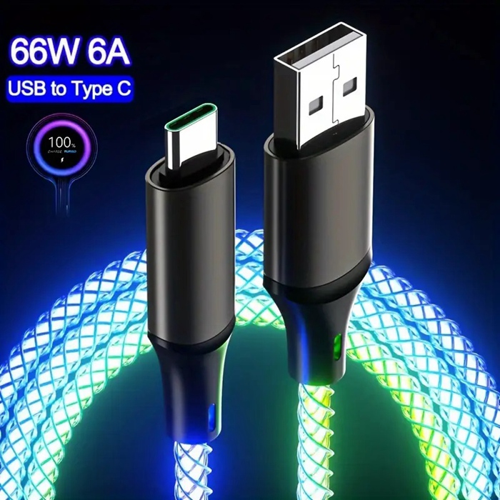 Type-C カラフル光る充電ケーブル 66W 超高速充電 USB-C ケーブル RGB