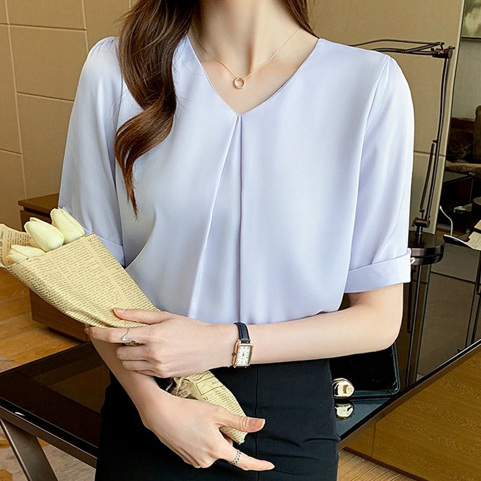 ブラウス Vネックシャツ 無地 半袖 ふわふわ袖 リボンブラウス おしゃれ 着痩せ トップス 女性用 カジュアル 普段着 通勤 OL 春 フォーマル オフィス 蝶結び ブラウス 半袖 レディース tシャツ vネック オフィス 夏
