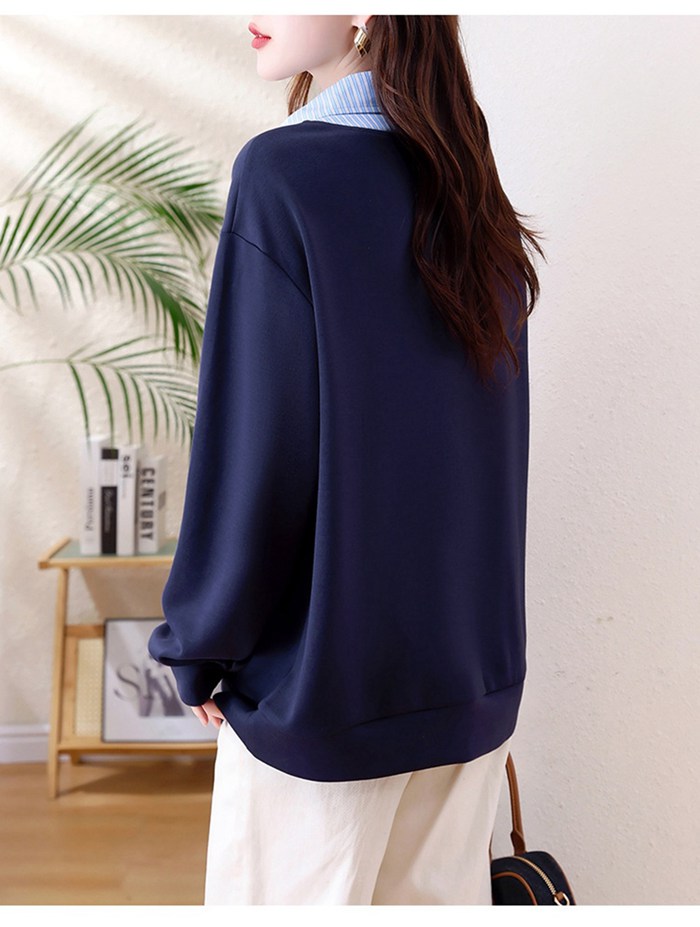  ネイビー ストライプ トレーナー ハーフジップ トレフォイル 新品 トレーナー レディース ジップ付きプルオーバー レイヤード風 トップス