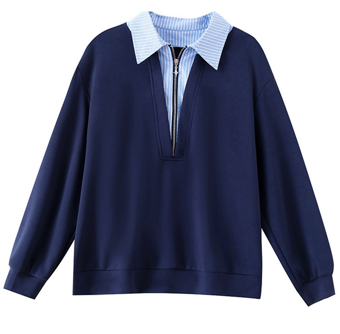  ネイビー ストライプ トレーナー ハーフジップ トレフォイル 新品 トレーナー レディース ジップ付きプルオーバー レイヤード風 トップス