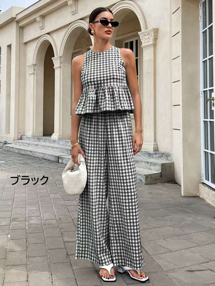 セットアップ レディース ギンガムチェック ノースリーブ ワイドパンツ