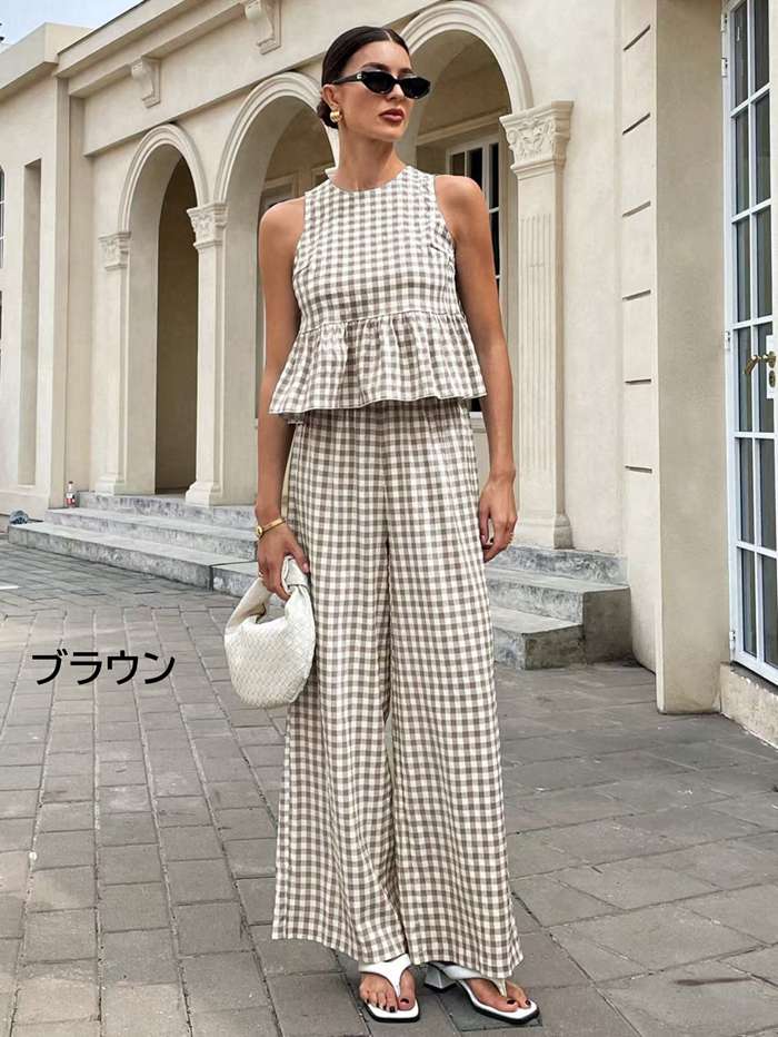 セットアップ レディース ギンガムチェック ノースリーブ ワイドパンツ