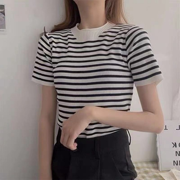 サマーニット レディース ボーダー クルーネック ニットTシャツ 半袖 モックネック 韓国風 ス Tシャツ ニット リブネック コーデ サマーニット レディース ボーダー クルーネック ニットTシャツ