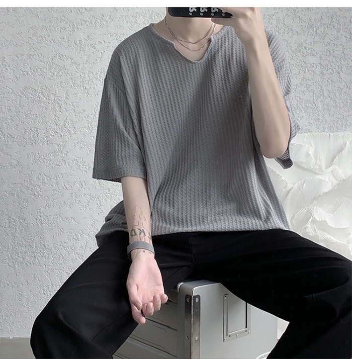 サマーニット メンズ トップス Uネック 半袖ニット ゆったり 半袖 無地 薄手 ビッグシルエット Tシャツ ルーズ キレイめ 父の日 割り引き