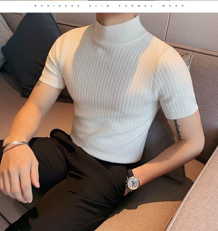 半袖 ニット トップス ハイネック 韓国 春 秋 メンズ 4色 hr8797 ハイネック 無地 メンズ Tシャツ サマーニット ストレッチ