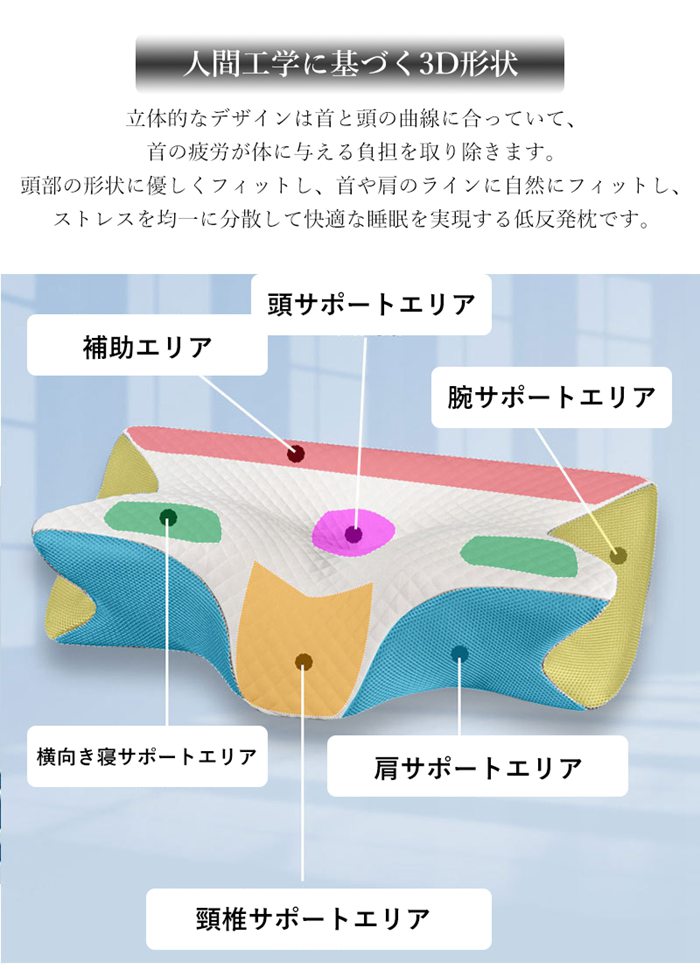 枕 低反発 まくら 美容 美髪 安眠枕 横向き寝 3D人間工学 プレゼント