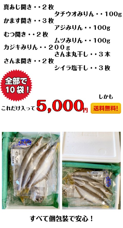 これはお値打ち！熊野干物の詰め合わせ 送料無料【干物セット】たっぷり10種 送料無料 熊野産 個包装 塩干し 味醂干し ご贈答 :5-42:水谷水産  Yahoo!店 - 通販 - Yahoo!ショッピング