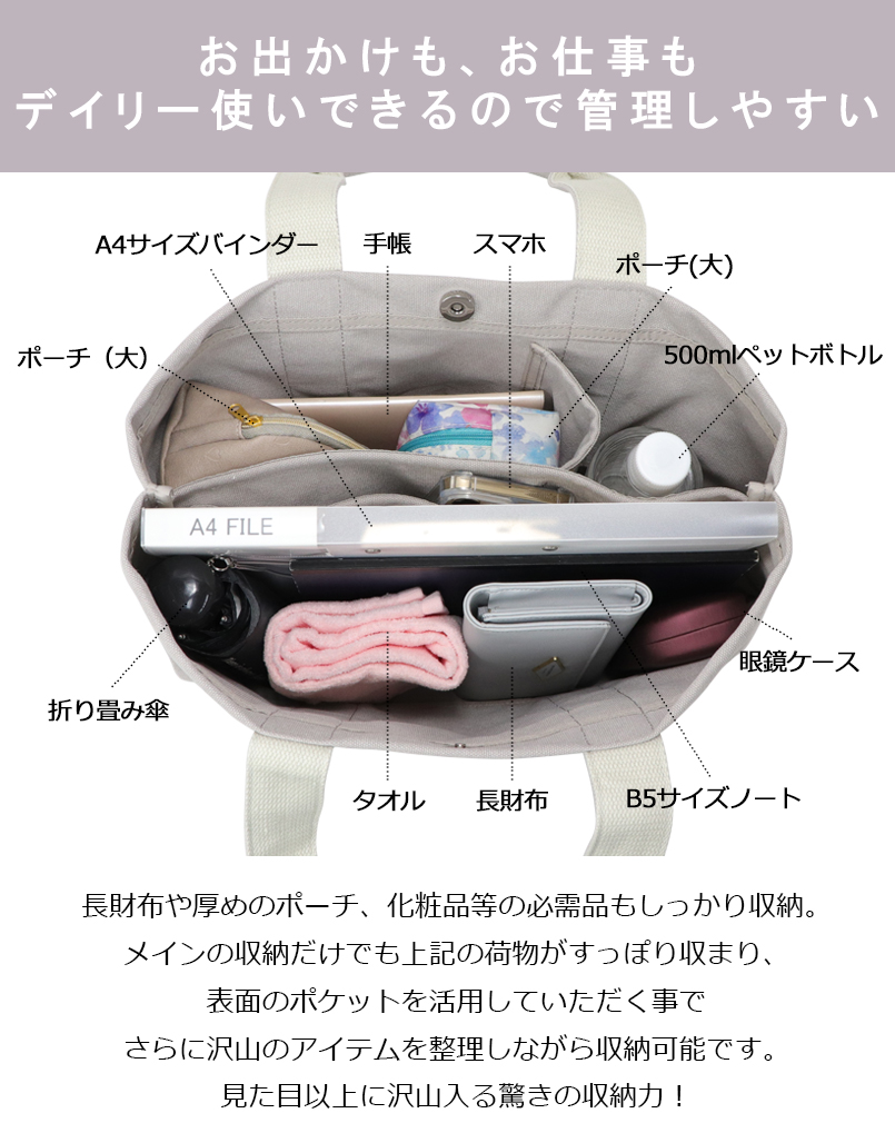 A4サイズ対応 仕切り付き3層 キャンバストートバッグ
