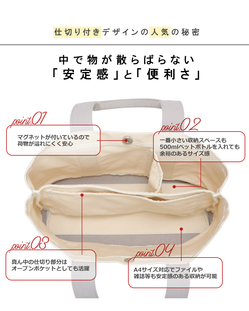 A4サイズ対応 仕切り付き3層 キャンバストートバッグ