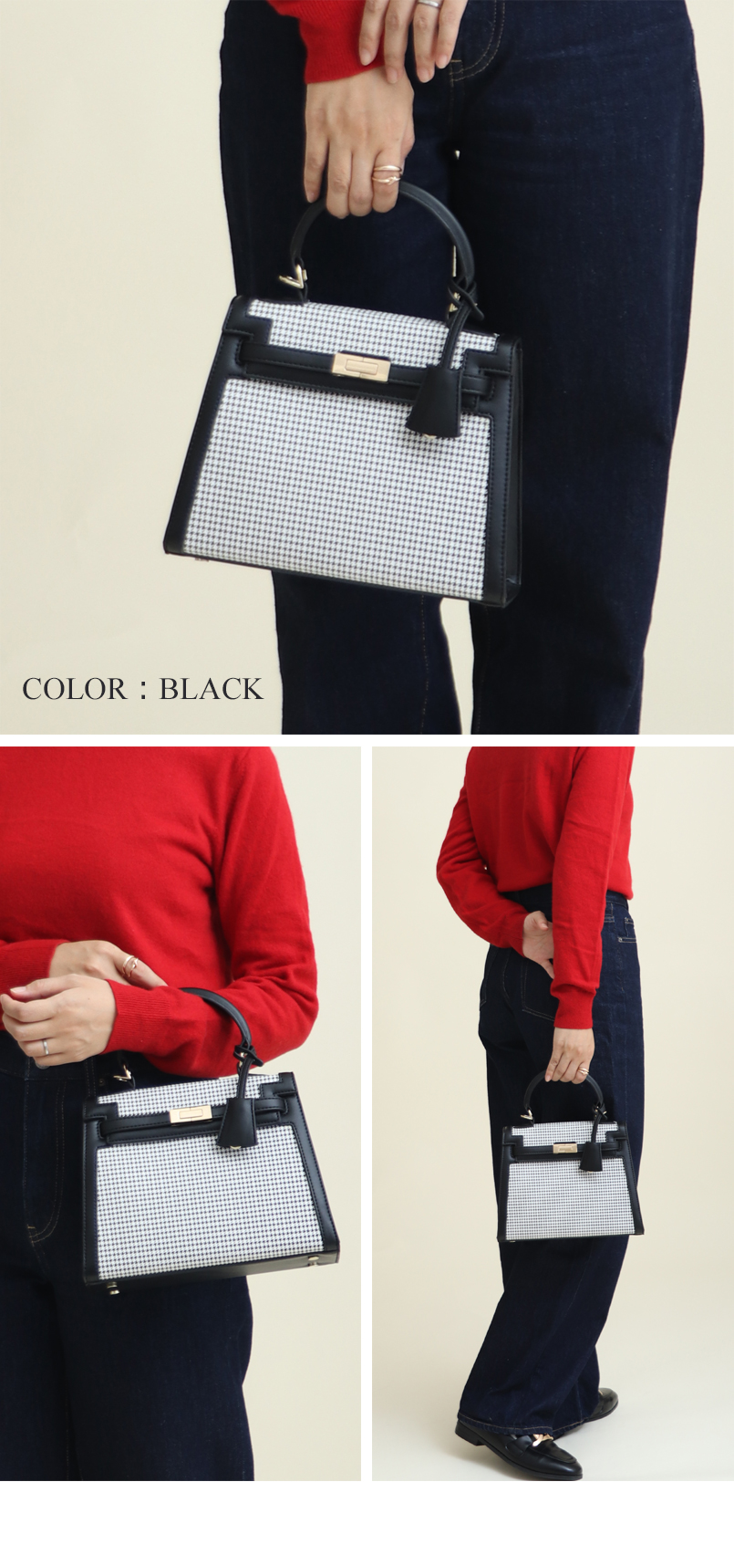 美品】コーチ千鳥柄ハンドバッグ 白黒秋冬 8901 美品】コーチ千鳥柄ハンドバッグ 白黒秋冬 8901