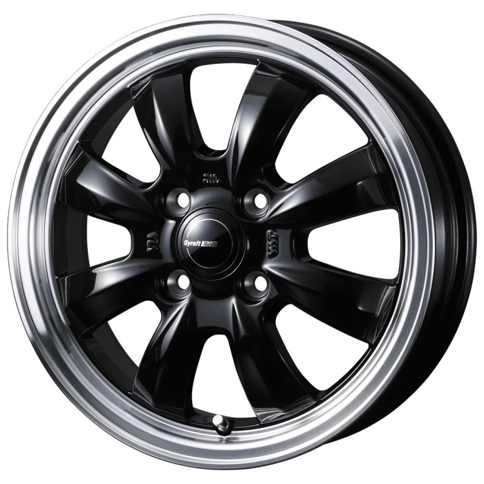 業販品 [人間宅-送りとどける不可] 車輪 4本 15in 5.5J+42 4H-100 GYRAFT 8S  BLACK/RIMPOLISH タイヤ、ホイール-自動車