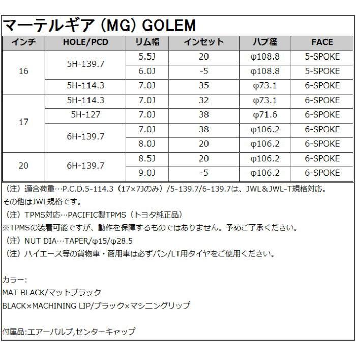 マーテルギア ゴーレム CRIMSON MG GOLEM マットブラックorブラックマシニング 17インチ 5穴 114.3 7J サマータイヤセット｜mkst｜06