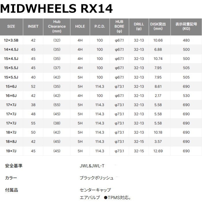 マルカサービス 14インチ 4穴 100 4.5J MID WHEELS RX14 ブラック