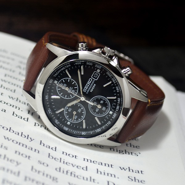 セイコー 逆輸入 海外モデル クロノグラフ SEIKO メンズ 腕時計 ブラック文字盤 ブラウンレザーベルト SND309P1