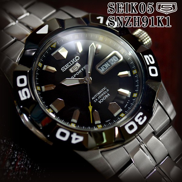 セイコー5 スポーツ ダイバーズ 海外モデル 逆輸入 自動巻き SEIKO5 腕時計 メンズ ブラック文字盤 ステンレスベルト SNZH91K1  サイズ調整無料