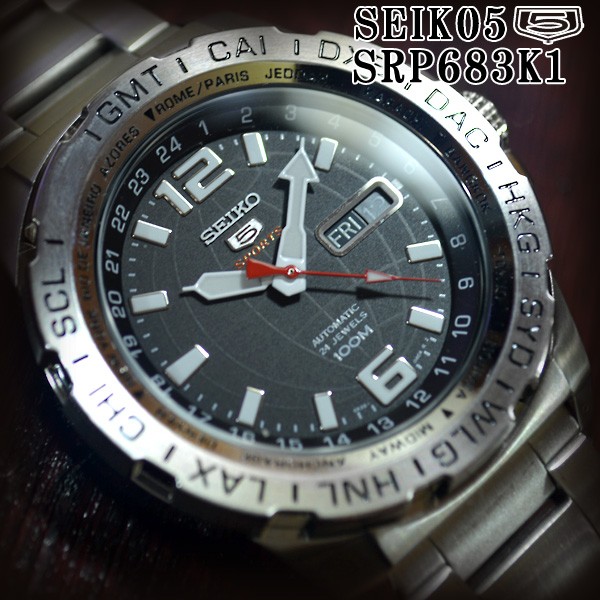 セイコー5 スポーツ ダイバーズ 海外モデル 逆輸入 自動巻き SEIKO5 GMT 腕時計 メンズ ブラック文字盤 ステンレスベルト  SRP683K1 サイズ調整無料