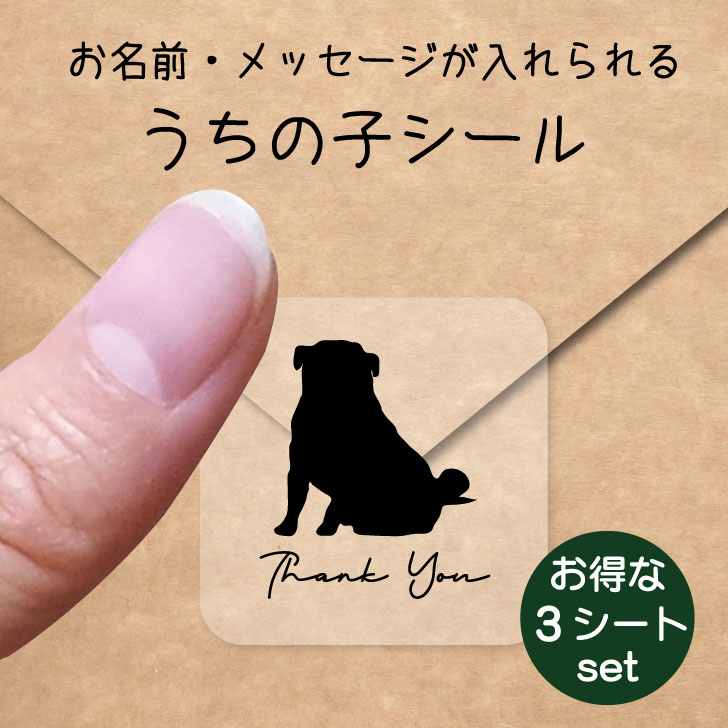 うちの子 シール お得な3シートセット【 パグ おすわり 】 お名前シール 名前付け メッセージ ステッカー ペット グッズ 防水 透明 クリア オーダーメイド minne