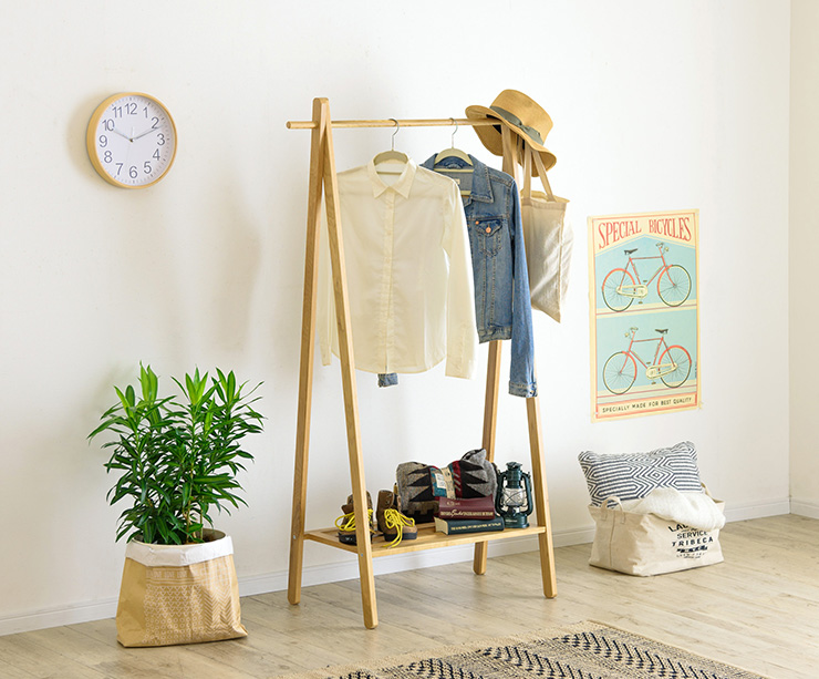天然木オーク材使用 木製 ハンガーラック ワードローブ フリーラック