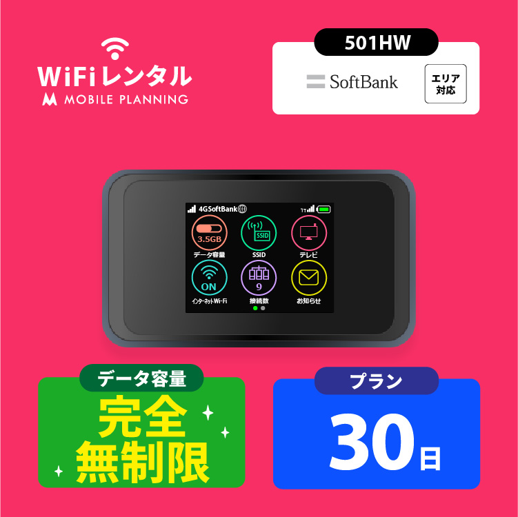 レンタルwifi 30日 ポケットwifi 無制限 wi-fiレンタル 完全無制限 ポケットワイファイ wifi レンタル 1ヶ月 モバイルルーター  softbank 501HW