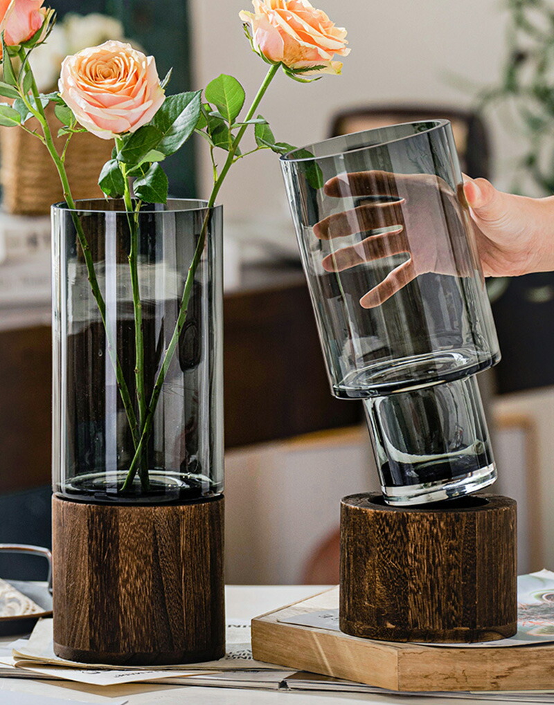 花瓶 ガラス 北欧風 一輪挿し 高さ31cm 円柱 ツートンカラー 木目調 