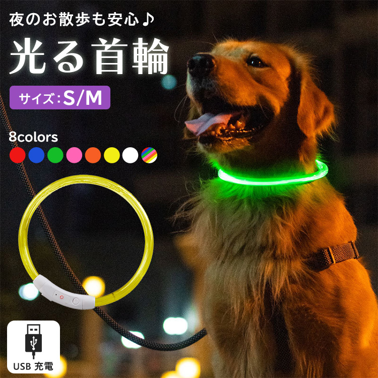 犬 猫 首輪 おしゃれ かわいい 光る ライト カラー 白 USB 充電コード 2点セット 小型犬 中型犬 大型犬｜mobilebatteryampere