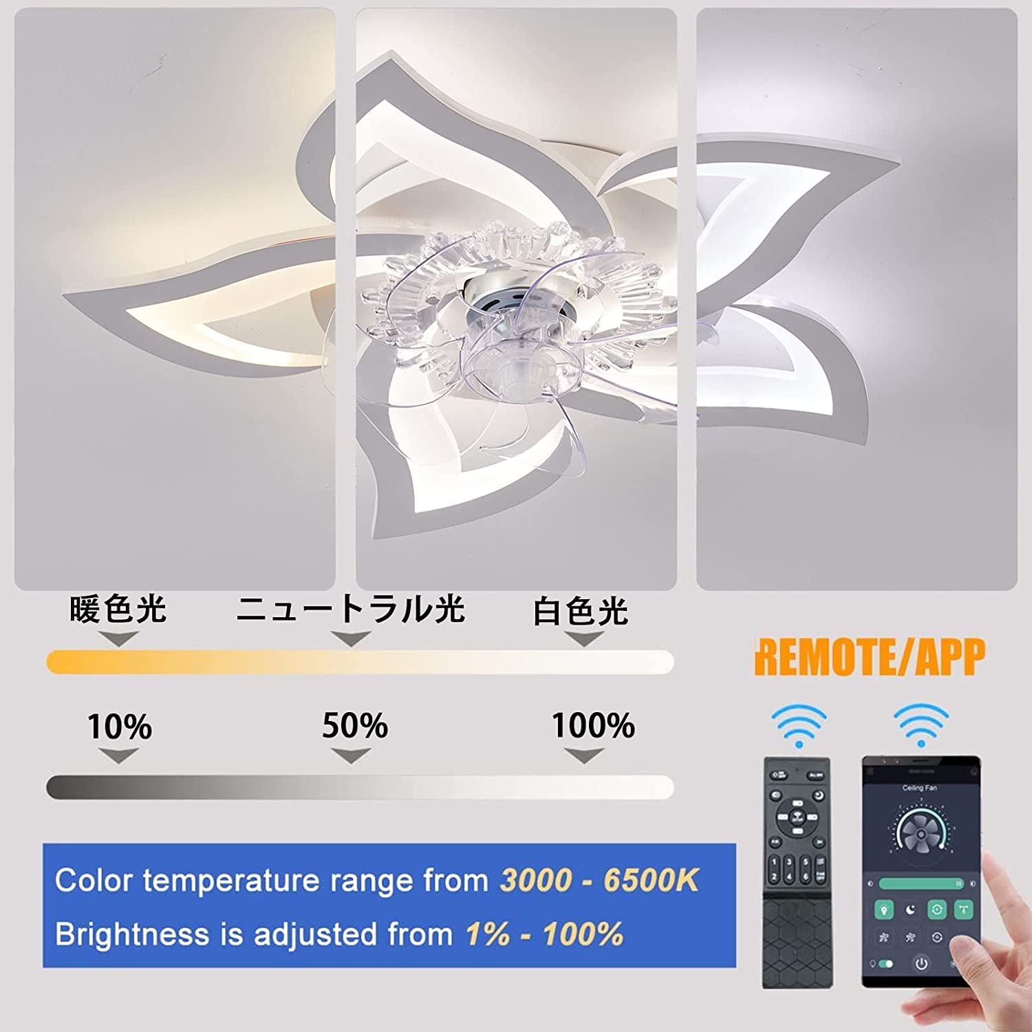 シーリングファンライト LED リモコン/APP制御 6種類の風速