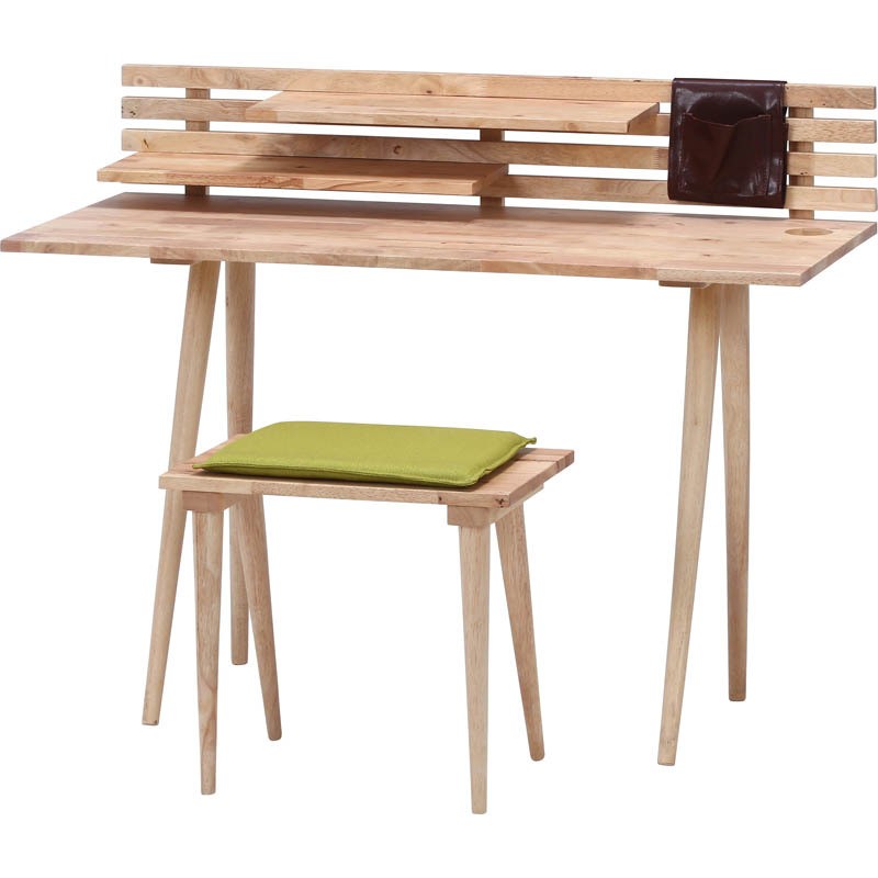 レザー小物収納付PCデスク2点セット 天然木 【デスク＋スツール】 可動